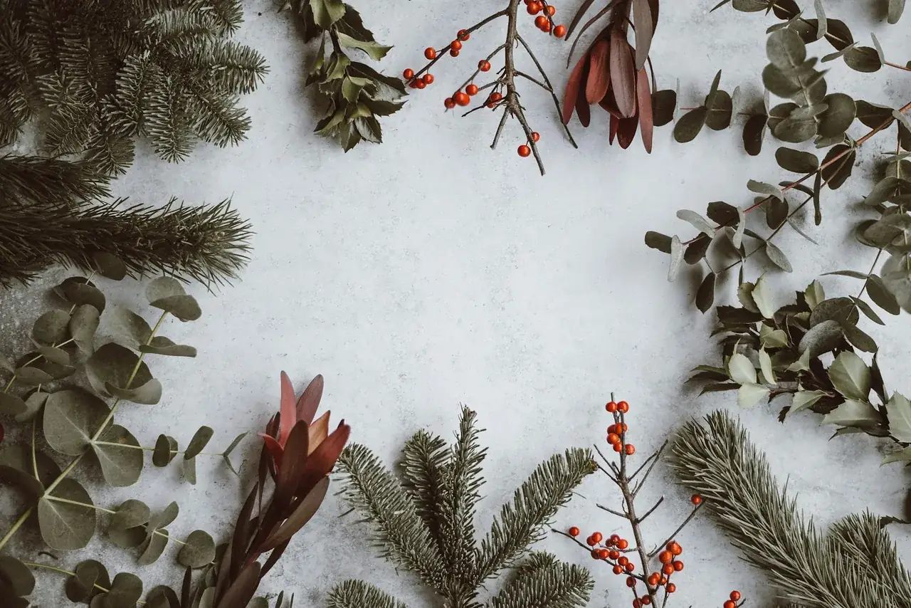 Festive winter decoration with evergreen branches and red berries