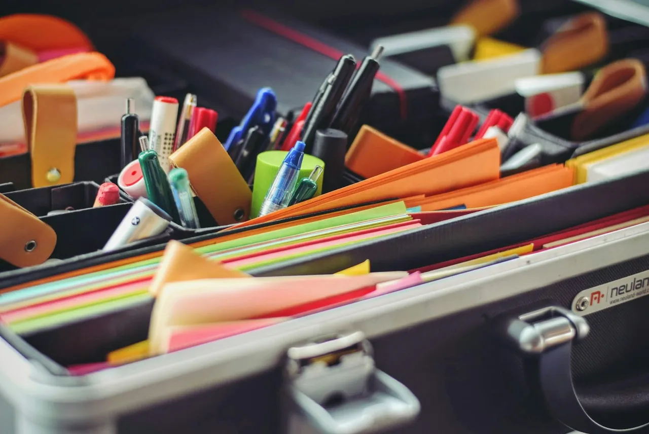 Colorful pens and stationery organized for studying